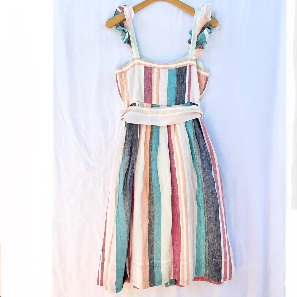 J.CREW | NWT BUTTON UP MIDI DRESS IN MIXED COLORED STRIPES SIZE 6 LINEN